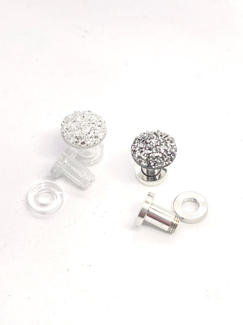 Minimalist Sparkle Ear Plugs 0g Druzy Plugs 000g 00g Gunmetal or Silver Gauged Earrings 2g 14g 6g 1g 4g Screw Back Tunnels image 6