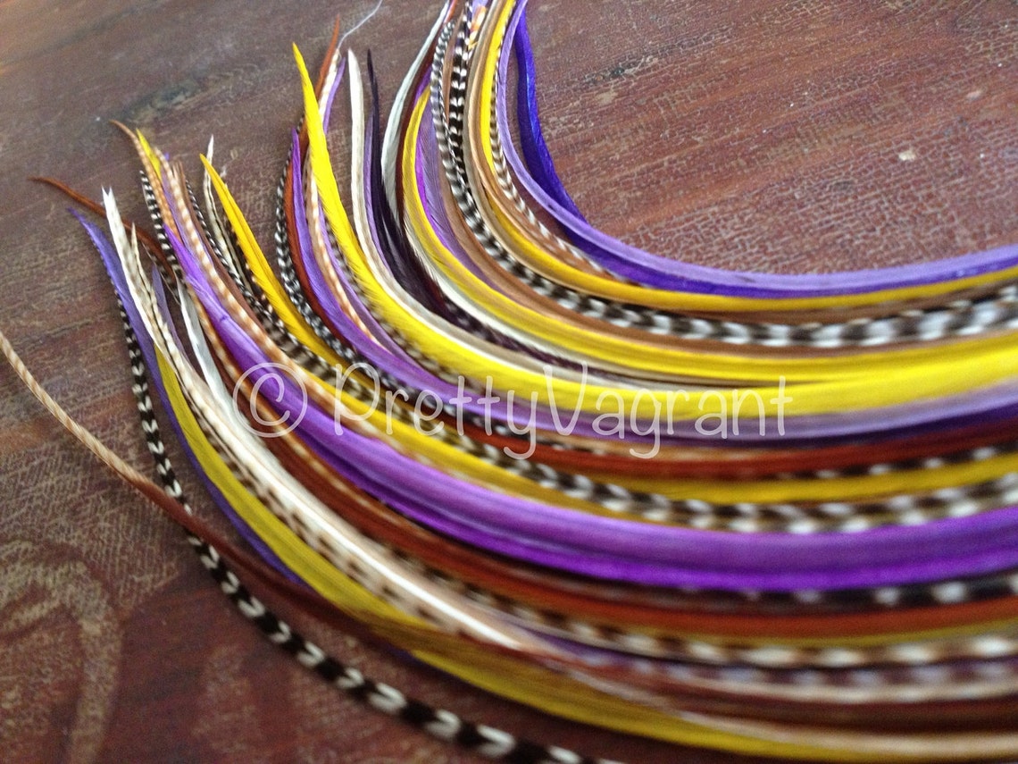 Long Feather Hair Extensions Purple Lavender Gold Grizzly Etsy