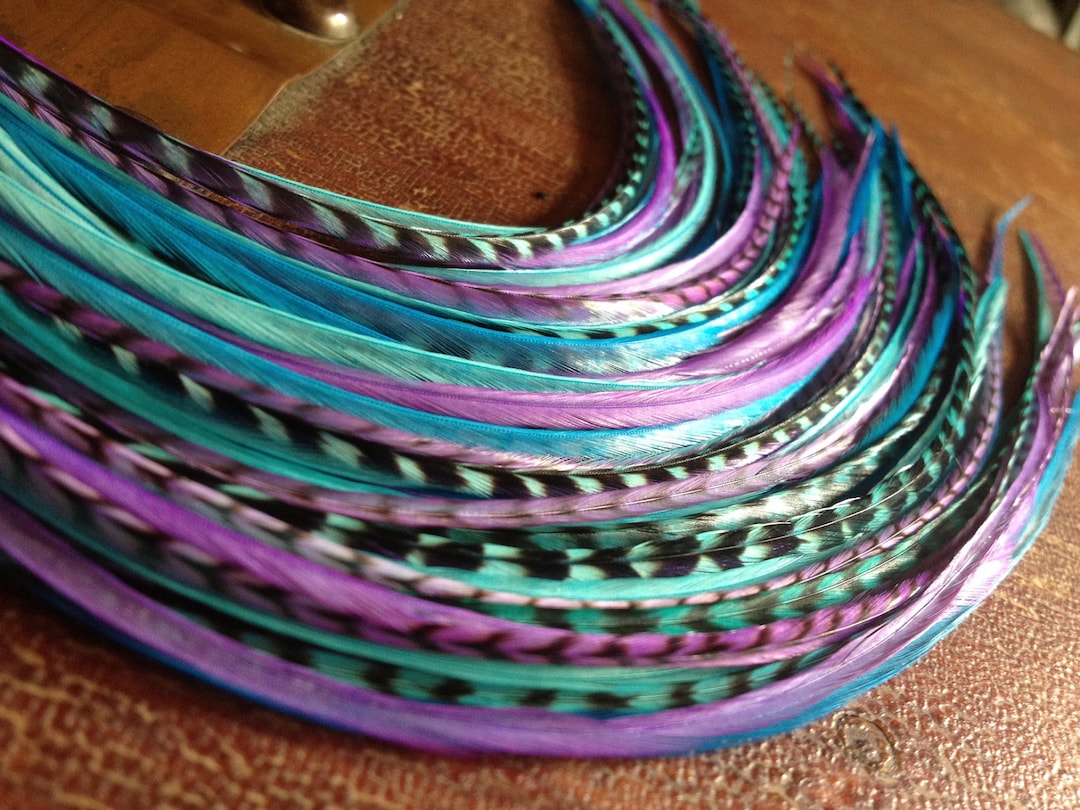 Colorful Hair Feather Extensions Purple Blue Grizzly, 5 Long Bonded Hair Plume Bundle Feather