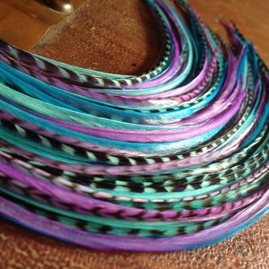 Colorful Hair Feather Extensions Purple Blue Grizzly, 5 Long Bonded Hair Plume Bundle Feather Hair Extension Sale/1 Bundle