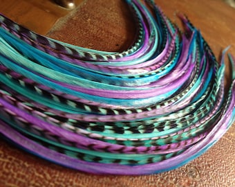 Colorful Hair Feather Extensions Purple Blue Grizzly, 5 Long Bonded Hair Plume Bundle Feather Hair Extension Sale/1 Bundle