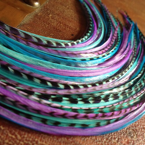 Colorful Hair Feather Extensions Purple Blue Grizzly 5 Long Etsy