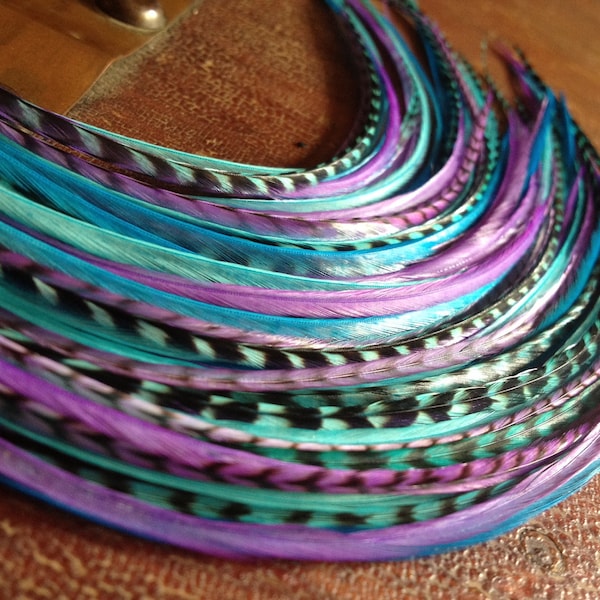 Colorful Hair Feather Extensions Purple Blue Grizzly, 5 Long Bonded Hair Plume Bundle Feather Hair Extension Sale/1 Bundle