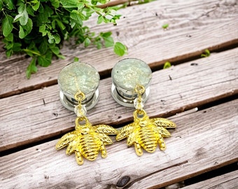 Stud Pierced Earrings to 2” (50mm) Dangle Plugs, Gold Bumblebee EarPlugs Insect Bee Gauged Earrings w/Crushed Opal Shell