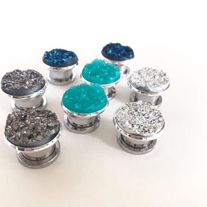 000g 7/16&quot; Aqua Blue Druzy Plugs 12mm Silver Gauges 9/16&quot; 14mm, 1/2&quot; Ear Plugs Metallic Gunmetal Druzy Ear Tunnels