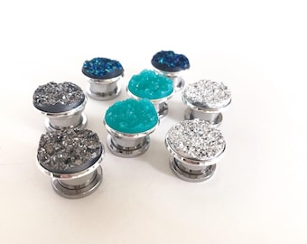 000g 7/16" Aqua Blue Druzy Plugs 12mm Silver Gauges 9/16" 14mm, 1/2" Ear Plugs Metallic Gunmetal Druzy Ear Tunnels