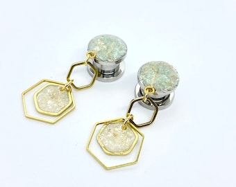Crushed Opal Shell Stud Earrings to 2” 50mm Dangle Plugs, Geometric Ear Plugs 25mm 16mm 12mm 14mm 12g 00g 1g 28mm 32mm 35mm 38mm 40mm 42mm