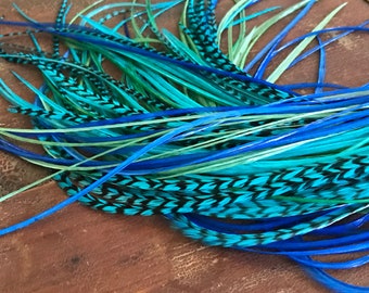 Long Hair Feather Extensions Blue Green Turquoise Aqua 6pcs or 8pcs Loose or Bonded Hair Accessories Crimp In Feathers/Plumes