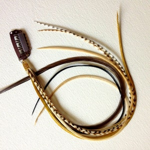 May include: A collection of hair feathers in various colors, including brown, black, tan, and gold, attached to a brown metal clip. The feathers have a natural, textured appearance and are arranged in a flowing, layered design.