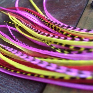 Long Feather Extensions Bright Pink Yellow Grizzly Girly Accessories, Bonded Hair Feather Extension Kit with Threader And Beads