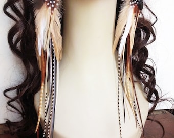Very Long Feather Earrings - Forest Pixie - Natural Brown Boho Earrings Rooster Feather Earings Hippie Earrings