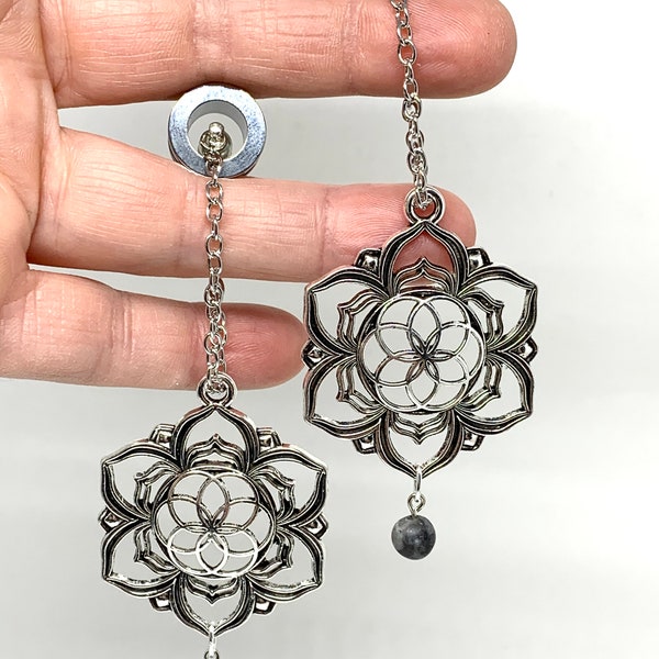 Silver Lotus Flower Magnetic Clasp Ear Plug Dangles for Tunnel Hangers Sizes 1g and UP With/Without Tunnels Dangle Plug Earrings