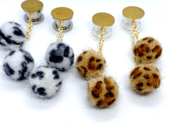 9/16” (14mm) to 1” (25mm) Unique Brass Pom Pom Ear Plug Earrings, Cheetah Dangle Plugs Fuzzy Balls, Wood/Acrylic/Surgical Steel Tunnels