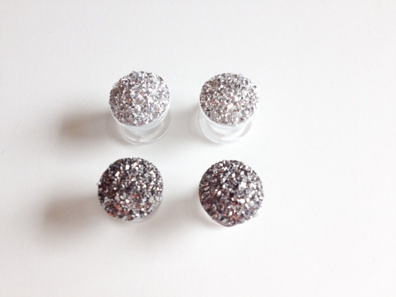 Minimalist Sparkle Ear Plugs 0g Druzy Plugs 000g 00g Gunmetal or Silver Gauged Earrings 2g 14g 6g 1g 4g Screw Back Tunnels image 4