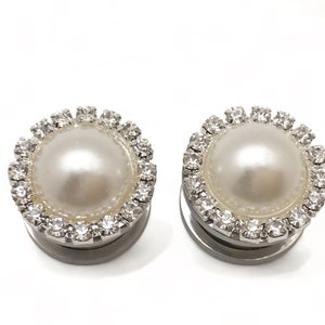5/8&quot; Plugs Rhinestone Pearl Bridal Wedding Gauges 16mm Crystal Plugs for Brides - Single Flared Wood or Surgical Steel Screw Back