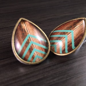 0g Teardrop Ear Plugs 00g 2g 4g Mint Chevron Plug Earrings 1/2&quot; 12mm Tear Drop Gauges Wood Pattern Accent 7/16” 11mm 000g 1g 7mm