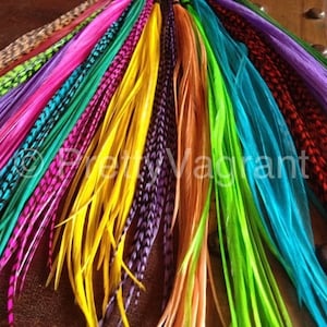 You Pick 2 Feather Hair Extensions, Grizzly Colorful XL Long Hair Feathers Custom Rooster Feather Extensions image 1