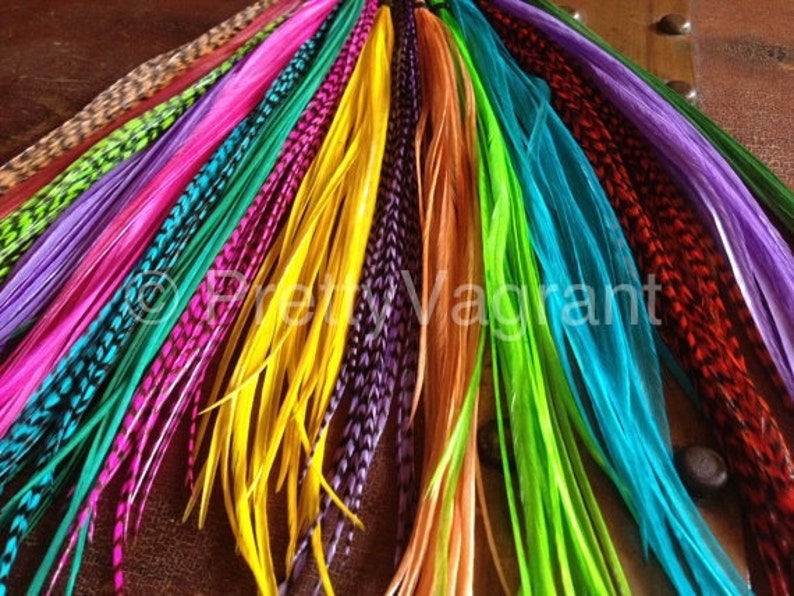 You Pick 2 Feather Hair Extensions, Grizzly Colorful XL Long Hair Feathers Custom Rooster Feather Extensions image 1