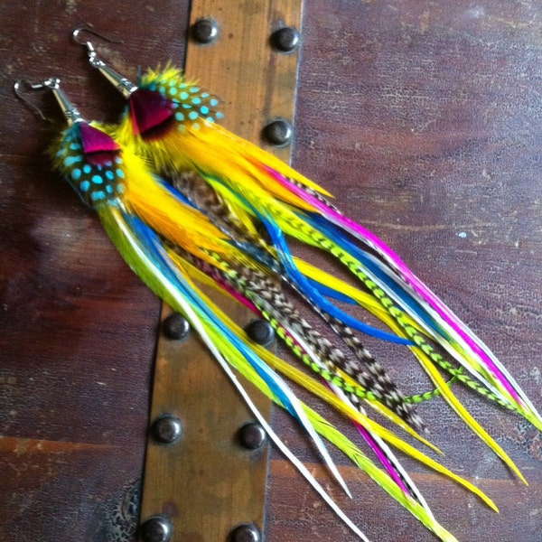 Long Feather Earrings Summer Lovin' Colorful Bright Feather Earings