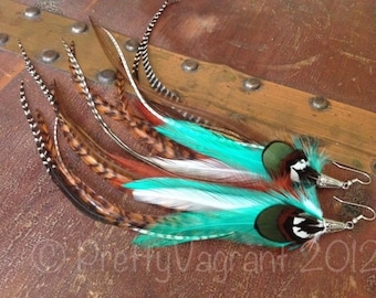 Long Feather Earrings - In Love With Fall - Dangle Earrings Sale Turquoise Aqua Brown Grizzly