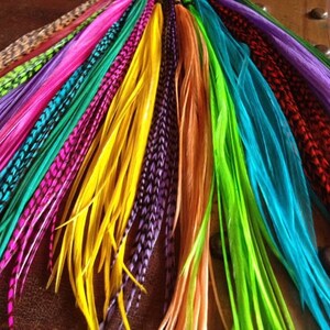 Feather Hair Extensions Hair Accessory Grab Bag 10 Mixed Popular Colorful Dyed, Natural, Grizzly Hair Feathers Extension Loose Kit Sale image 3