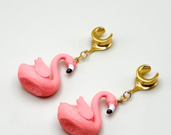 2g 6mm to 1 3/16” 30mm Saddles Dangle Ear Plugs Spreader With Pink Flamingo Gold/Brass Hanging Plug Earrings