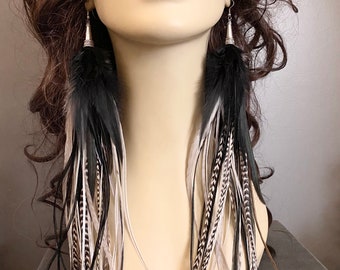 Feather Earrings Very Long Grey and Black Night Diva Streamer Grizzly Feather Earrings Feather Jewelry Statement Earrings