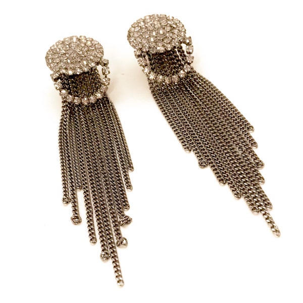 Gunmetal Silber Kette Quaste baumeln Stecker Ohrringe 2g 4g 6g Strass Hider Gauges/EarPlugs 4mm 5mm 6mm