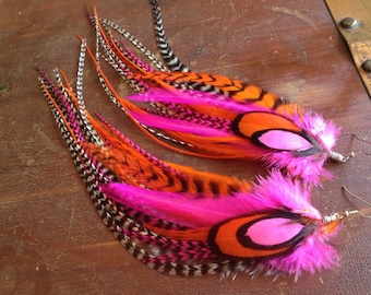 Bright Pink Feather Earrings Spring Fashion Accessory Neon Hot Pink Feathers, Bright Orange, and Grizzly Long Feather Earings