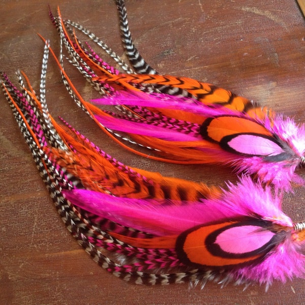 Bright Pink Feather Earrings Spring Fashion Accessory Neon Hot Pink Feathers, Bright Orange, and Grizzly Long Feather Earings