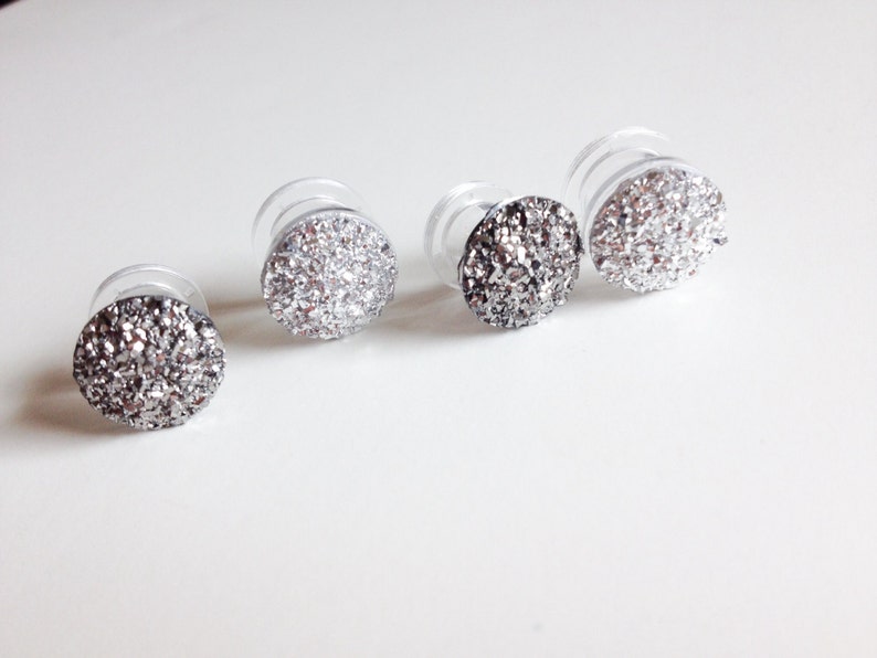 Minimalist Sparkle Ear Plugs 0g Druzy Plugs 000g 00g Gunmetal or Silver Gauged Earrings 2g 14g 6g 1g 4g Screw Back Tunnels image 3