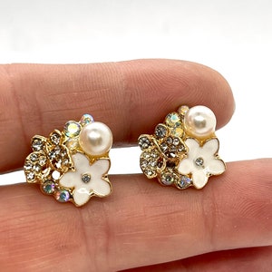 Pearl Rhinestone Crystal Flower Ear Plugs, Gauged Earrings For Brides, Formal Style 16g, 14g, 12g, 10g, 8g, 6g, 4g, 2g, 1g 0g Surgical Steel