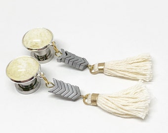 Cream Tassel Dangle Plugs 7/16” 000g 00g 0g 2g 4g Silver/Gold Dangle Ear Plugs 11mm 10mm 8mm 4mm 6mm Gauged Earrings Hiders