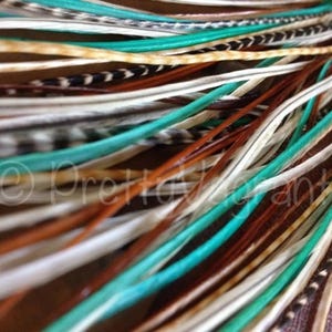 Feather Extensions Turquoise Dream Mix - LONG Feather Hair Extensions Kit 6 Bonded Rooster Feathers with threader / 1 Bundle