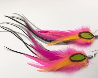 Long Feather Earrings - Candy Land - Bright Neon Feather Extension Earrings, Rave Neon jewelry