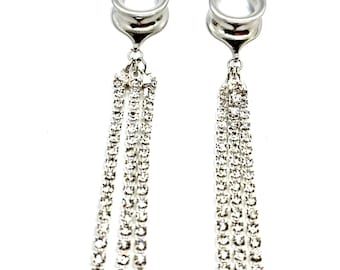 2g 6mm to 1 3/16” 30mm Ear Saddle Spreader Dangle Plugs Silver Rhinestone Chain Hanging Plugs