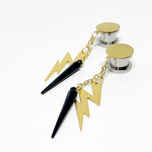 Hanging Dangle Plugs Black Spike Lightning Bolt Gauges, Raw Brass Cap 14g 16g 8g 12g 10g 6g 4g 2g 0g 00g 000g 1/2 Hider Ear Plugs Earrings image 1