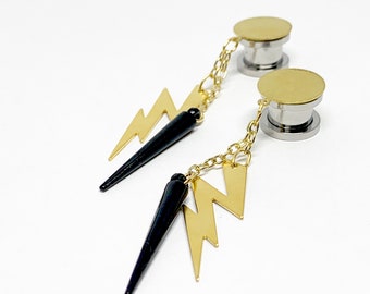 Hanging Dangle Plugs Black Spike Lightning Bolt Gauges, Raw Brass Cap 14g 16g 8g 12g 10g 6g 4g 2g 0g 00g 000g 1/2” Hider Ear Plugs Earrings