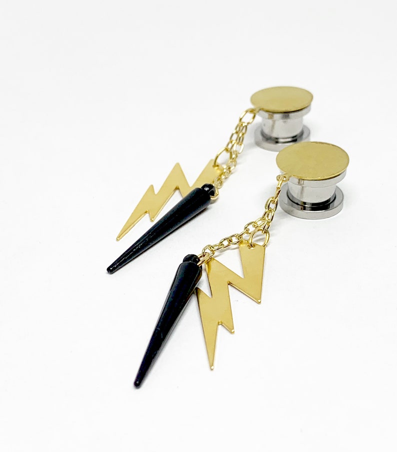 Hanging Dangle Plugs Black Spike Lightning Bolt Gauges, Raw Brass Cap 14g 16g 8g 12g 10g 6g 4g 2g 0g 00g 000g 1/2 Hider Ear Plugs Earrings image 1