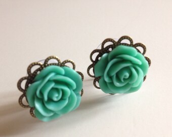 Flower Plugs Rose Plugs 1/2 inch (12mm) Turquoise Aqua Flower Gauges Body Jewelry Purchase Alone Or Add On For Feather Plugs