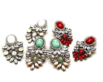 Mint/Red/Opal Romantic Hider Plugs with Bling Rhinestones, Formal Ear Plugs, Vintage Style Gauges 6g 4g 2g 0g 00g 000g 1g 1/2” 9/16”