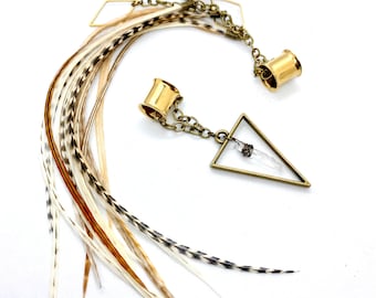 Asymmetrical Feather Quartz Dangle Plugs Eyelet Hangers 0g and UP With/Without Tunnels Magnetic Clasp Ear Plug Hangers Lever Back Earrings