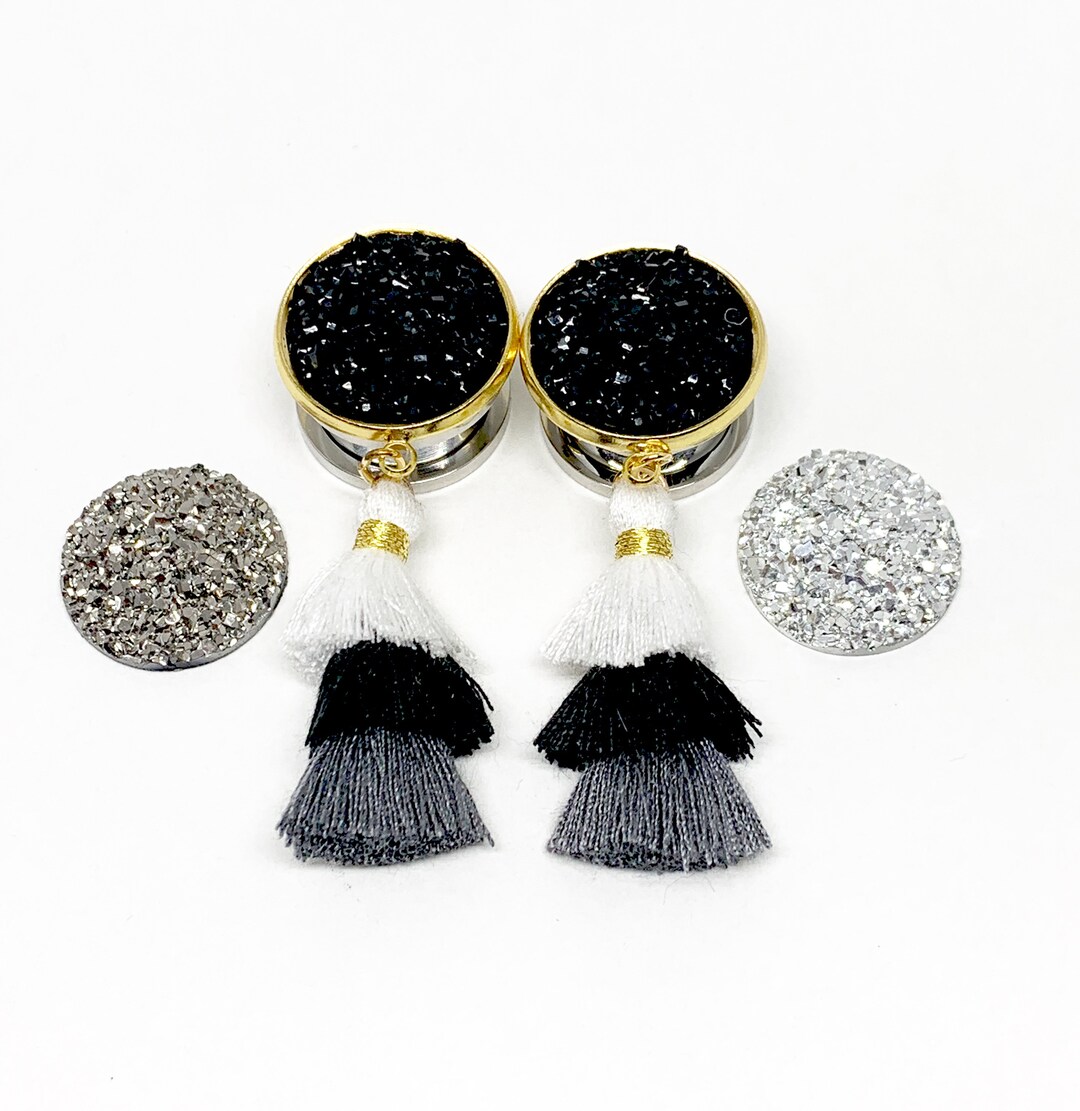 Tassel Ear Plugs 5/8 11/16 13/16 7/8 1 Dangle Plugs, Dangly Druzy