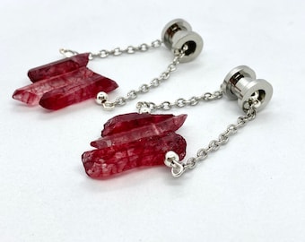 Red Quartz Ear Hangers Dangles Gauge Sizes 0g and UP With/Without Tunnels Dangle Plugs Magnetic Ear Plug Chain Tunnel Hangers, Lever Back