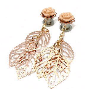 16g to 000g Dangle Plug Earrings Gauges With Rose Gold Filigree Leaf Dangles, Elegant Hider Plugs 24 Rose Colors