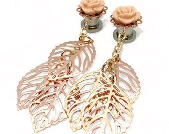 16g to 000g Dangle Plug Earrings Gauges With Rose Gold Filigree Leaf Dangles, Elegant Hider Plugs 24 Rose Colors