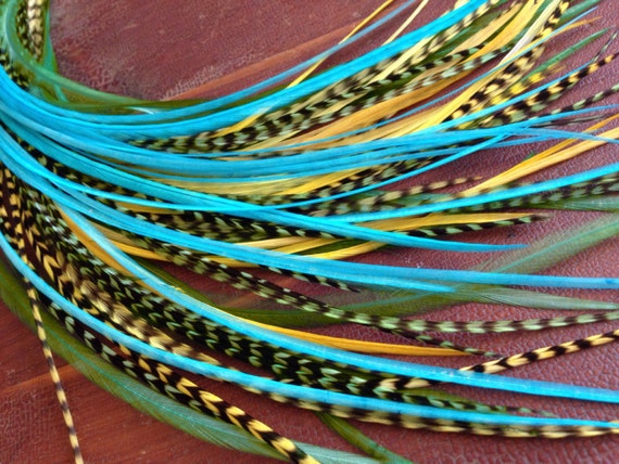 Feather Extensions Green Yellow Turquoise Hair Feathers, Long Extension Accessory Plumes, Feather Hair Extension Highlights
