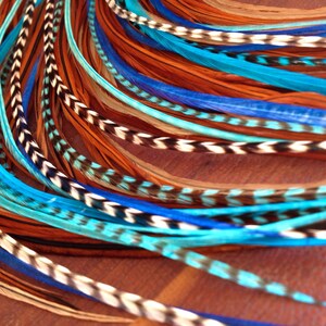 Extension di piume blu, grizzly, fornace, turchese Accessori per capelli lunghi boho 1 fascio di piume per capelli legati con 6 piume