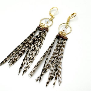 Feather Hoops 4.5-5 Long Feather Earrings, Gold, Black and White Striped Grizzly image 2