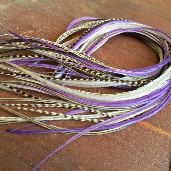12-13" Long Hair Feather Extension, REAL Bird Feathers Grey Grizzly Purple Charcoal XL Feather Hair Extension Hair Accessories